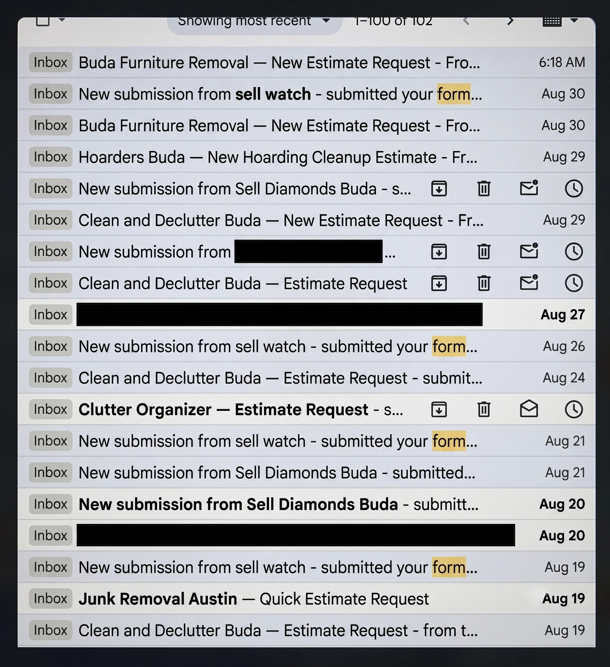 An email inbox list showing subject lines of estimate-request and form-submission notifications arriving from the owner's service-business sites, dated 19 to 30 August 2026, with some rows obscured.